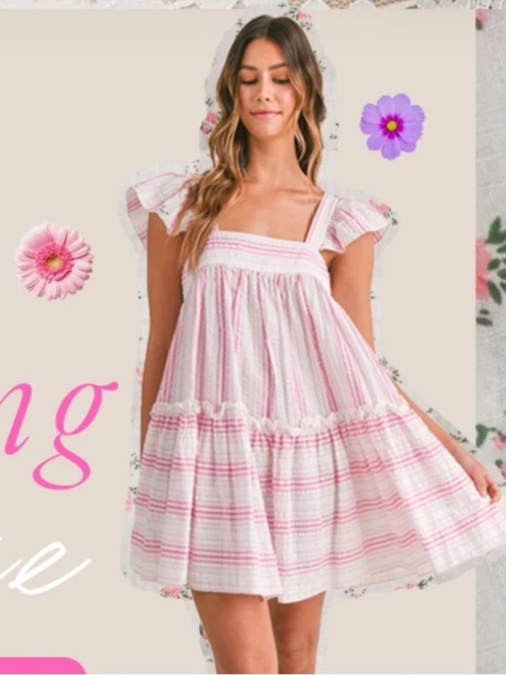 MARBLE Pink and White Striped Flutter-Sleeve Tiered Dress